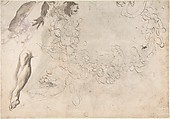 Studies of Three Naked Men, a Right Arm and a Nude Figure Supported by Another (recto); Studies of a Figure with Left Arm Upraised, a Leg, and Putti with Foliage (verso), Paolo Pagani (Italian, Castello Valsolda 1661–1716 Milan), Pen and brown ink, brush and brown wash, over black chalk (the three struggling figures) (recto); pen and purple ink, brush and purple wash (the two figures at lower right) (recto); pen and brown ink, brush and brown wash, over black chalk (verso)