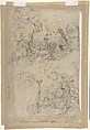Studies for Four Figures (recto); Composition Sketches for Groupings of Figures on Clouds (verso), Jacopo Palma the Younger (Italian, Venice ca. 1548–1628 Venice), Brush with brown and white oil paint, over black chalk (recto); black chalk and charcoal (verso)