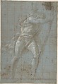 Saint Christopher Bearing the Christ Child, Giovanni Antonio da Pordenone (Giovanni Antonio de Sacchis) (Italian, Pordenone 1483?–1539 Ferrara), Pen and brown ink, brush and brown wash, highlighted with white gouache, on blue paper, squared vertically and horizontally in red chalk, diagonally in charcoal