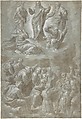 The Transfiguration, after Raphael, Biagio Pupini (Italian, born Bologna, active 1511–51), Brush and brown wash, highlighted with white gouache, over traces of charcoal, on blue paper