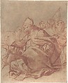 Seated Bishop with Arms Extended and Three Attendant Figures (recto); Head of a Lion and Perspective Diagrams (verso), Mattia Preti (Il Cavalier Calabrese) (Italian, Taverna 1613–1699 Valletta), Red chalk, brush and red wash (recto); red chalk (verso), on beige paper