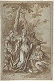The Finding of Moses, Montalto (Giovanni Stefano Danedi or Doneda) (Italian, Treviglio 1612–1690 Milan), Brush and brown wash, highlighted with white gouache, over soft black chalk, on gray-blue paper