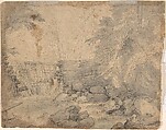 Study of the Side of a Rocky Cliff; Verso: Dam on a Mountain Stream, Paulus Willemsz. van Vianen (Netherlandish, Utrecht ca. 1570–ca. 1613/14 Prague), Pen and brown ink, blue-gray and brown wash; verso: pen and black ink and gray wash