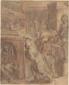 Emblematic Scene, Otto van Veen (Netherlandish, Leiden 1556–1629 Brussels), Pen and brush and brown ink, yellowish oil paint, on papel brown tinted paper