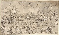 Landscape with Figures Trimming Trees, an Allegory of the Month of March; Verso: Mountainous Landscape with Two Men Crossing a Bridge, Anonymous Netherlandish, Pen and brown ink, brush and gray wash, over traces of black chalk

Verso: pen and brown ink, brush and gray wash, over traces of black chalk, heightened with pinkish white bodycolor
