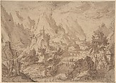 Mountainous Landscape with Tobias and the Angel, Tobias Verhaecht Netherlandish, Pen and brown ink, brush and brown wash