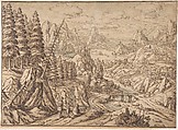 Mountainous Landscape with Travelers on a Road, Tobias Verhaecht Netherlandish, Pen and brown ink, brown and blue wash, black chalk