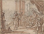 Saint John the Baptist Appearing Before Herod, Augustin Braun German, Pen and brown ink, brown-red and blue-green wash, over a sketch in black chalk (?)