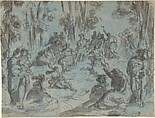 Apollo and the Nine Muses surrounded by Poets on Mount Parnassus, Karel Skréta  Bohemian, Pen and brown ink, brush and brown-gray wash, on off-white paper prepared with blue wash
