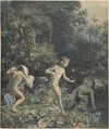 Riverside with Three Bathing Boys, Christian Friedrich Gille German, Watercolor and bodycolor