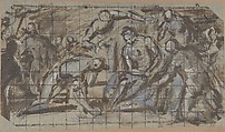 The Mocking of Christ, Domenico Tintoretto Italian, Black chalk, brush and brown ink, gray and white oil paint, on blue paper; squared in black chalk