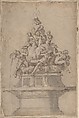 Design for a Fountain with Rivergods and Nymphs, Giorgio Vasari (Italian, Arezzo 1511–1574 Florence)  , workshop of, Pen with medium and dark brown ink, brush and gray wash, highlighted with white gouache, over graphite. Traces of framing outlines in pen with brown and black ink