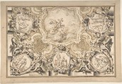 Design for a Church Ceiling, Vincenzo dal Rè Italian, Pen and brown ink, brush and brown, gray, and colored was (red, blue and green), over traces of black chalk; Border in pen and brown ink