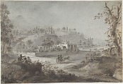 Landscape Prospect with a Buggy and a Herd of Goats, Giuseppe Zocchi  Italian, Charcoal or black chalk (stumped), pen and brown ink, brush with brown and gray wash, highlighted with white chalk (?), on blue-gray paper