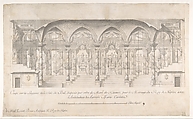 Longitudinal Section of a Ballroom Decorated for the Marriage of the King of Naples to the Archduchess of Austria, Luigi Vanvitelli , workshop of Italian, Pen and black-gray ink, brush and gray wash over traces of freehand underdrawing in graphite (figures), compass and ruled construction lines in graphite