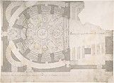 Projection of Ceiling Over Plan of the Small Theater in the Palace at Caserta, Luigi Vanvitelli , workshop of Italian, Pen and black-gray ink, brush and gray wash over freehand underdrawing in graphite (figures) and compass and ruled construction lines in graphite