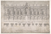 Façade of Palace decorated for the Marriage of the King of Naples to the Archduchess of Austria, Luigi Vanvitelli , workshop of Italian, Pen and black-gray ink, brush and gray wash, over freehand underdrawing in graphite and compass and ruled construction lines in graphite