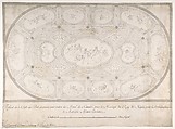Ceiling of Ballroom decorated for the Marriage of the King of Naples to the Archduchess of Austria, Luigi Vanvitelli , workshop of Italian, Pen and black-gray ink, brush and gray wash over traces of freehand graphite (figures) and of compass and ruled construction lines in graphite