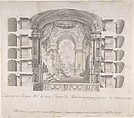 Transverse Section of the Small Theater at the Palace of Caserta, with a View of a Stage Design, Luigi Vanvitelli , workshop of Italian, Pen and black-gray ink, brush and gray wash, over freehand underdrawing in graphite (figures) and traces of compass and ruled construction lines in graphite