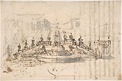 Manuscript page with a Project for a Fountain (recto); Project and Plan for a Monumental Staircase (verso), Luigi Vanvitelli (Italian, Naples 1700–1773 Caserta), Pen and brown ink, brush and gray wash, over black chalk or graphite (recto); pen and brown ink, brush and gray wash, graphite, red chalk (verso)