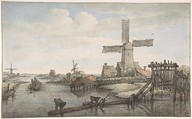 View of a Canal with Three Windmills, Jan Hulswit  Dutch, Pen and brown ink, watercolor, over black chalk; framing lines in pen and brown ink