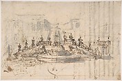 Manuscript page with a Project for a Fountain (recto); Project and Plan for a Monumental Staircase (verso), Luigi Vanvitelli (Italian, Naples 1700–1773 Caserta), Pen and brown ink, brush and gray wash, over black chalk or graphite (recto); pen and brown ink, brush and gray wash, graphite, red chalk (verso)