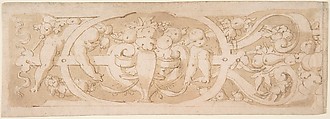 Frieze with Fruit, Foliage and Putti Climbing through Strapwork, Anonymous, Netherlandish, 16th century  Netherlandish, Pen and brown ink, brush and brown wash, over traces of red chalk