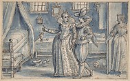 Study for an engraving in the Hortus Voluptatum, Crispijn de Passe the Elder Netherlandish, Pen and brown ink, brush and blue wash, over black chalk. Incised