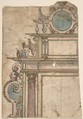 Fragment of architectural frame, Anonymous, Netherlandish, 16th century ?, Watercolor, pen and black and red ink, irregular 