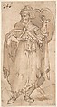 Man in Turkish Costume Holding a Shield, Anonymous, 16th century, Pen and brown ink, brush and brown wash, over traces of black chalk
