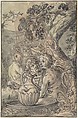 Temptation of St Anthony, Anonymous, Netherlandish, 16th century  Netherlandish, Pen and black ink, brush and green gray and brown wash, white heightening.  Irregular fragment of original drawing pasted down onto rectangular sheet with additions drawn by a later hand (?) in pen and gray ink, brush and gray and green wash