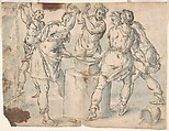 Five Men Around an Anvil, verso: Figures in a Wood (The Preaching of Saint John the Baptist?), Anonymous, Netherlandish, 16th century, Pen and dark brown ink, brush and blue wash, verso: pen and brown ink