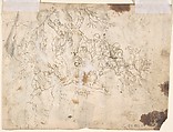 Five Men Around an Anvil, verso: Figures in a Wood (The Preaching of Saint John the Baptist?), Anonymous, Netherlandish, 16th century, Pen and dark brown ink, brush and blue wash, verso: pen and brown ink