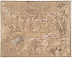 Garden of Eden; Creation of the Animals, Anonymous, Netherlandish, 16th century  Netherlandish, Pen and bistre, washed, highlighted with white gouache, on brown paper, squared