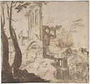 Imaginary Hilly Landscape with Ruins, Anonymous, Netherlandish, 16th century  Netherlandish, Brush and brown wash over traces of black chalk, heightened with white