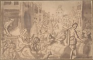 Market Scene, Anonymous, Netherlandish, 16th century Netherlandish, Pen and brown ink, brush and brown wash over black chalk. Mounted on board with brown and gold framing lines