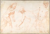 Standing Nude Man (recto); Three Studies of Soldiers (verso), Taddeo Zuccaro (Italian, Sant&#39;Angelo in Vado 1529–1566 Rome), Red chalk, highlighted with traces of white gouache (recto); red chalk (verso)