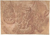 The Sea Battle in the Gulf of Morbihan, Taddeo Zuccaro Italian, Brush and red wash, highlighted with white gouache, over black chalk, and some compass construction