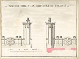 Gate of Villa Belvedere in Frascati, Pietro Paolo Coccetti (Cocchetti) Italian, Pen and dark brown ink, brush and gray and pink wash, over ruling in graphite