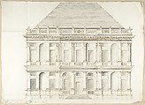Two-Story Facade of a Palace with a Mansard Roof, Pietro Paolo Coccetti (Cocchetti) (Italian, documented Rome, 1710–1727), Pen and brown ink, brush and gray wash, over ruling in graphite