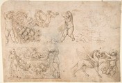 Studies after Antique Frieze Figures, Including Putti with Garlands, with a Chimera and Dolphins (recto); Sketch of a Head (verso), Anonymous, Italian, Tuscan, late 15th century, Pen and brown ink over leadpoint (recto); graphite (verso)