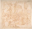 Storming a City, Anonymous, Italian, 16th century  Italian, Red chalk washed with ink; squared in red chalk