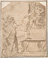 Mucius Scaevola Burning off his Hand before Porcenna, Anonymous, Italian, 16th century  Italian, Pen and ink, brushed and washed, and squared