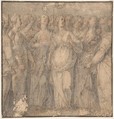 Group of Standing Female Saints (the Holy Virgins), Anonymous, Italian, 16th to 17th century Italian, Pen and brown ink outlines, over red chalk, and rendering of shadows in soft grayish black chalk; framing lines in pen and dark brown ink