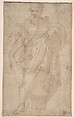 Figure of a Prophet, Anonymous, Italian, 16th century Italian, Pen and brown ink, brush and brown wash over black chalk; glued to secondary paper support; trace of later (?) framing outline in pen and black ink along upper edge