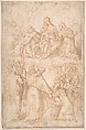 Saint Dominic Giving the Rosary to Pope Pius V, Anonymous, Italian, Roman-Bolognese, 17th century  Italian, Pen and brown ink, brush and brown wash, red chalk on light tan paper