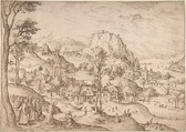 Panoramic Mountainous Estuary Landscape, with Christ and the Woman of Canaan, Lucas Gassel  Netherlandish, Pen and brown ink