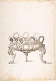 Design for Shallow Round Dish on Three Legs, Erasmus Hornick Netherlandish, Pen and black ink, tan and yellow wash, over black chalk