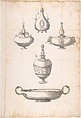 Design for Shallow Two Handled Dish and Four Perfume Bottles, Erasmus Hornick Netherlandish, Pen and black ink, brush and gray wash over black chalk