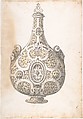 Design for a Silver- gilt Flask Decorated with Strapwork, Masks, Moresques, Erasmus Hornick  Netherlandish, Pen and black ink, brush and gray and yellow wash over black chalk
